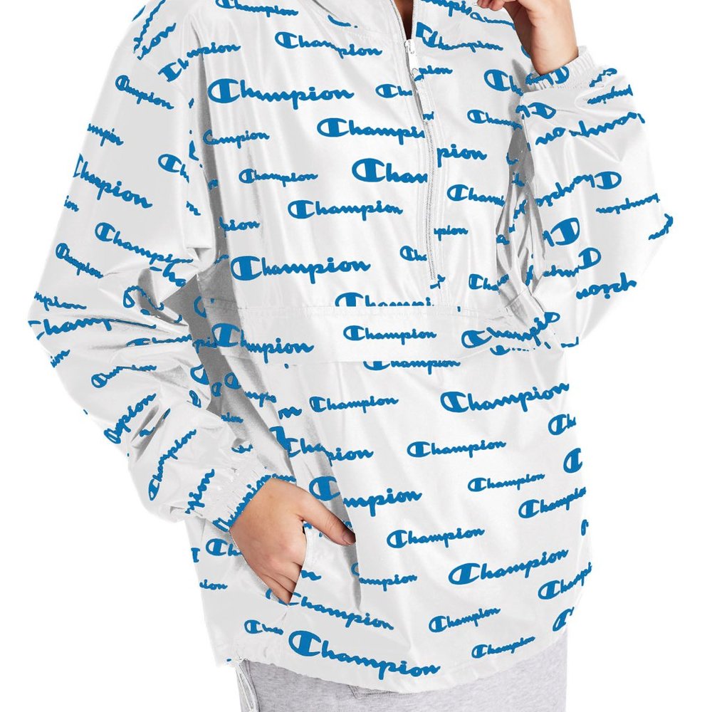 Champion White Scripted Packable‎ Half Zip Jacket With Hood